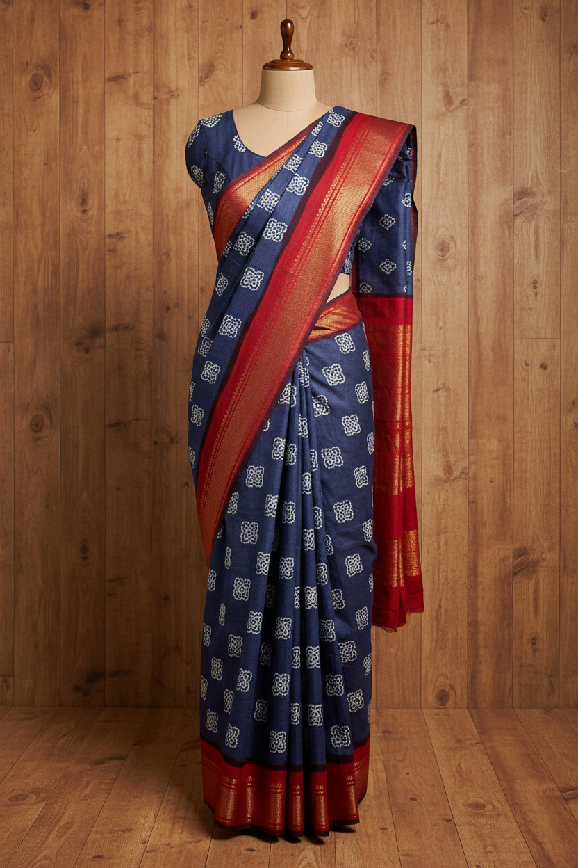 Authentic Soft Sungudi Cotton Saree – Blue with Floral Motifs & Brown Border |  TLL091