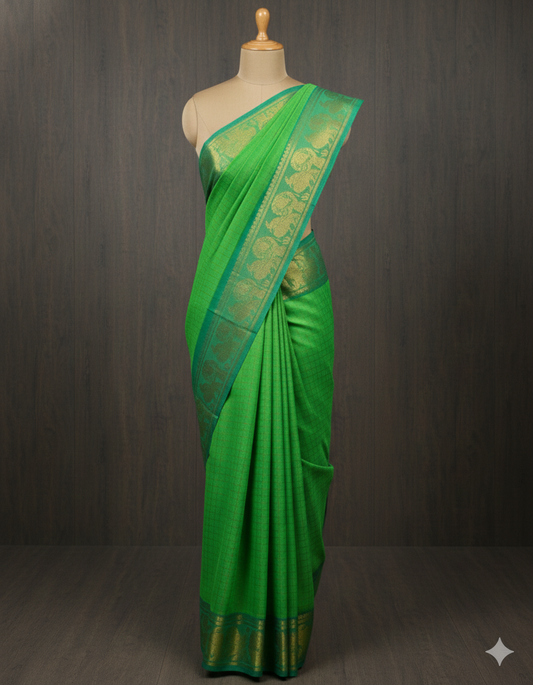 Lime Green Sungudi Cotton Saree with Green Zari-Checked Border - without blouse