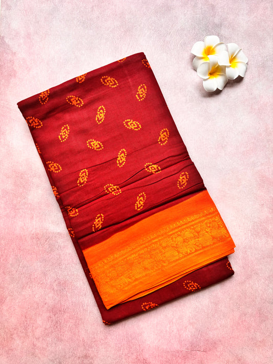 Authentic Soft Sungudi Cotton Saree – Maroon with Contrast Orange Blouse