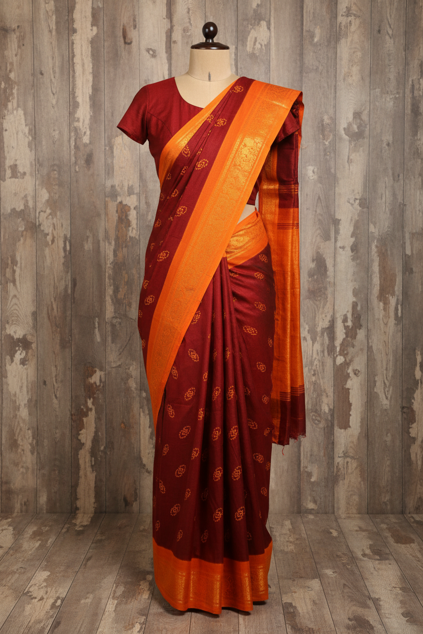 Authentic Soft Sungudi Cotton Saree – Maroon with Contrast Orange Blouse | TLL095