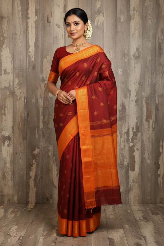 Authentic Soft Sungudi Cotton Saree – Maroon with Contrast Orange Blouse | TLL095