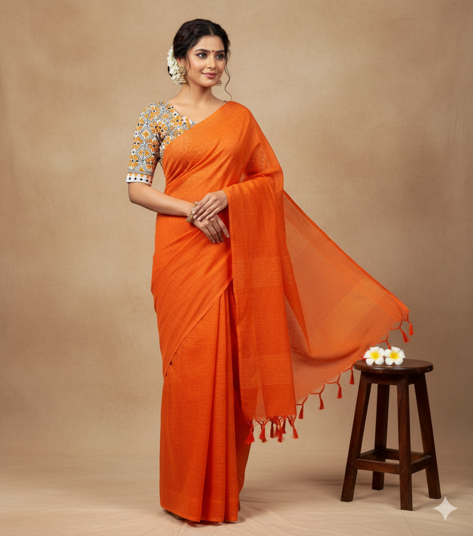 Plain Kadhi Cotton Saree in Orange with Orange Tassels & Kantha Work Blouse | The Laya Looms