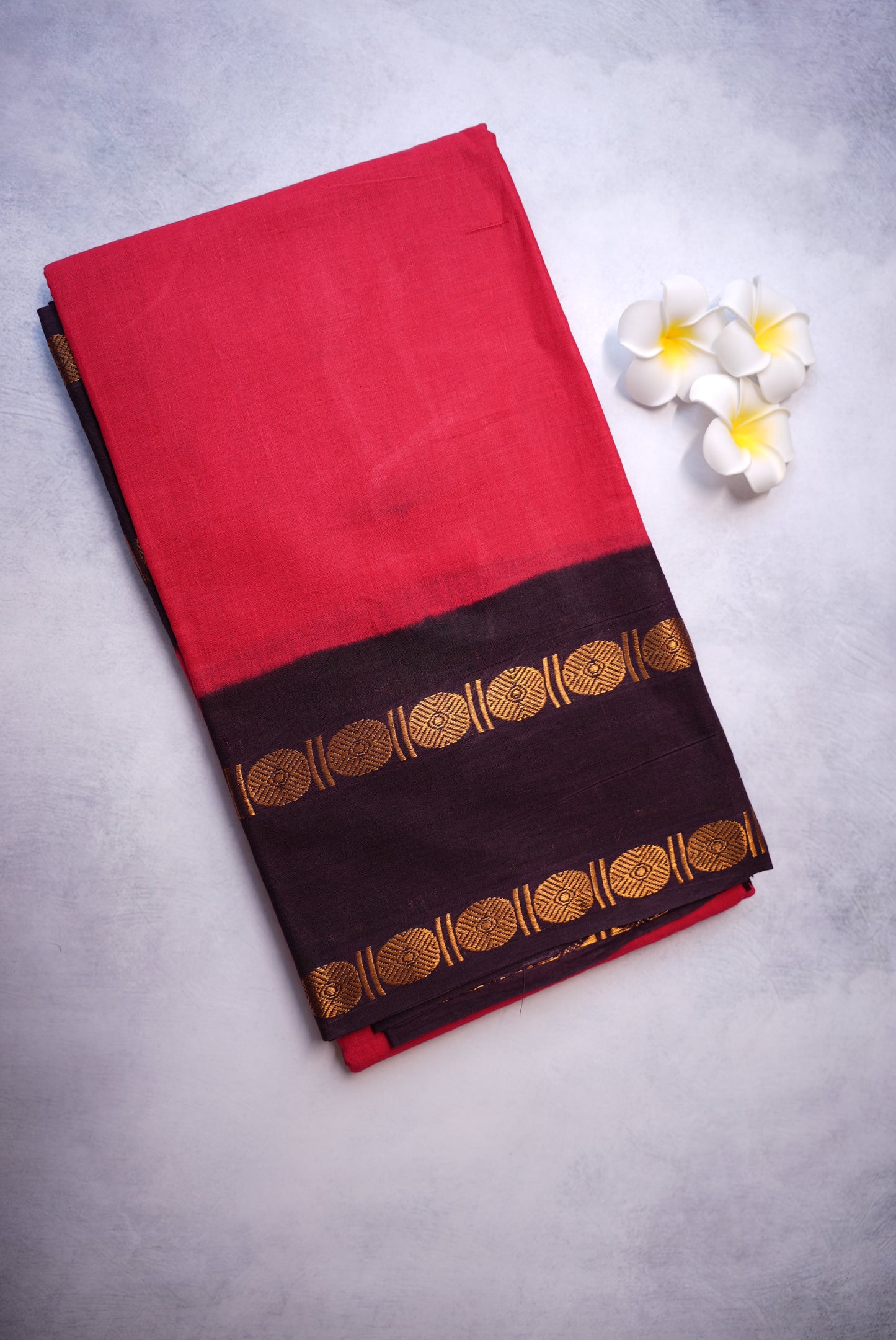 Red Sungudi Saree with Brown Border and Rudraksha Detailing
