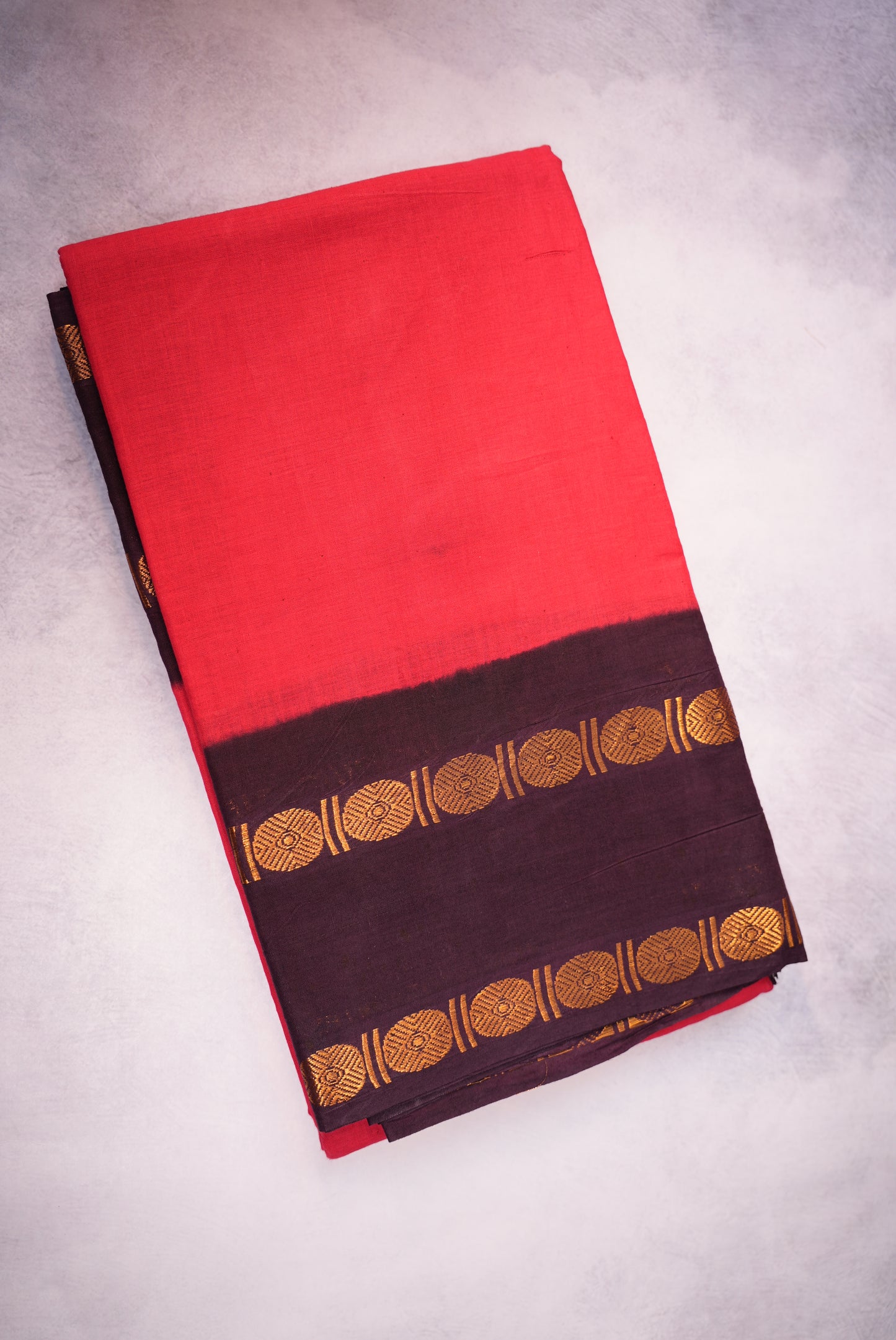 Red Sungudi Saree with Brown Border and Rudraksha Detailing