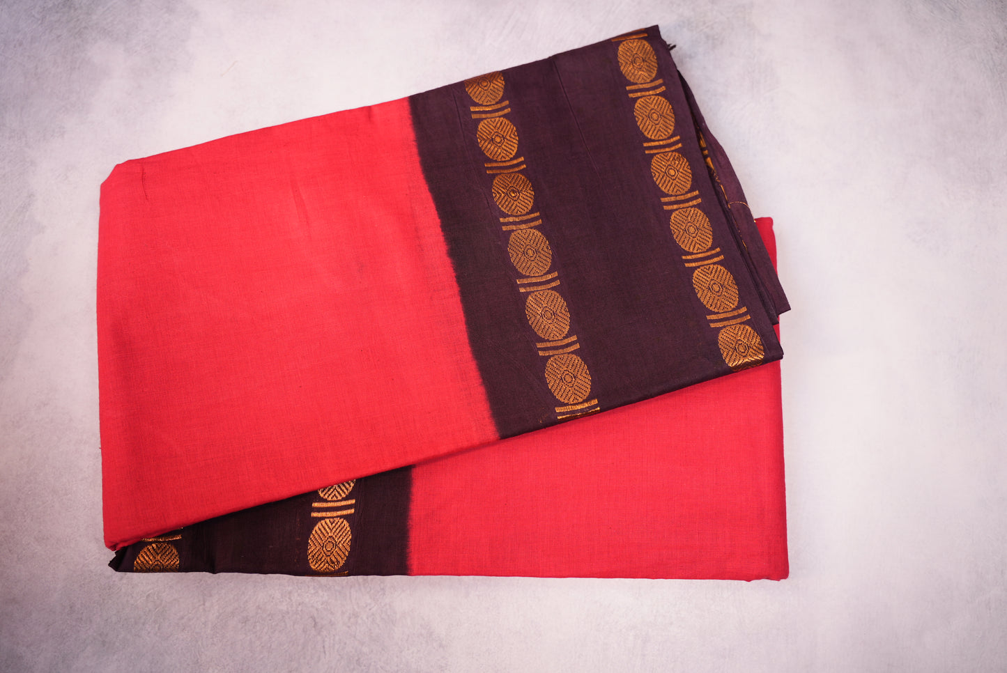 Red Sungudi Saree with Brown Border and Rudraksha Detailing