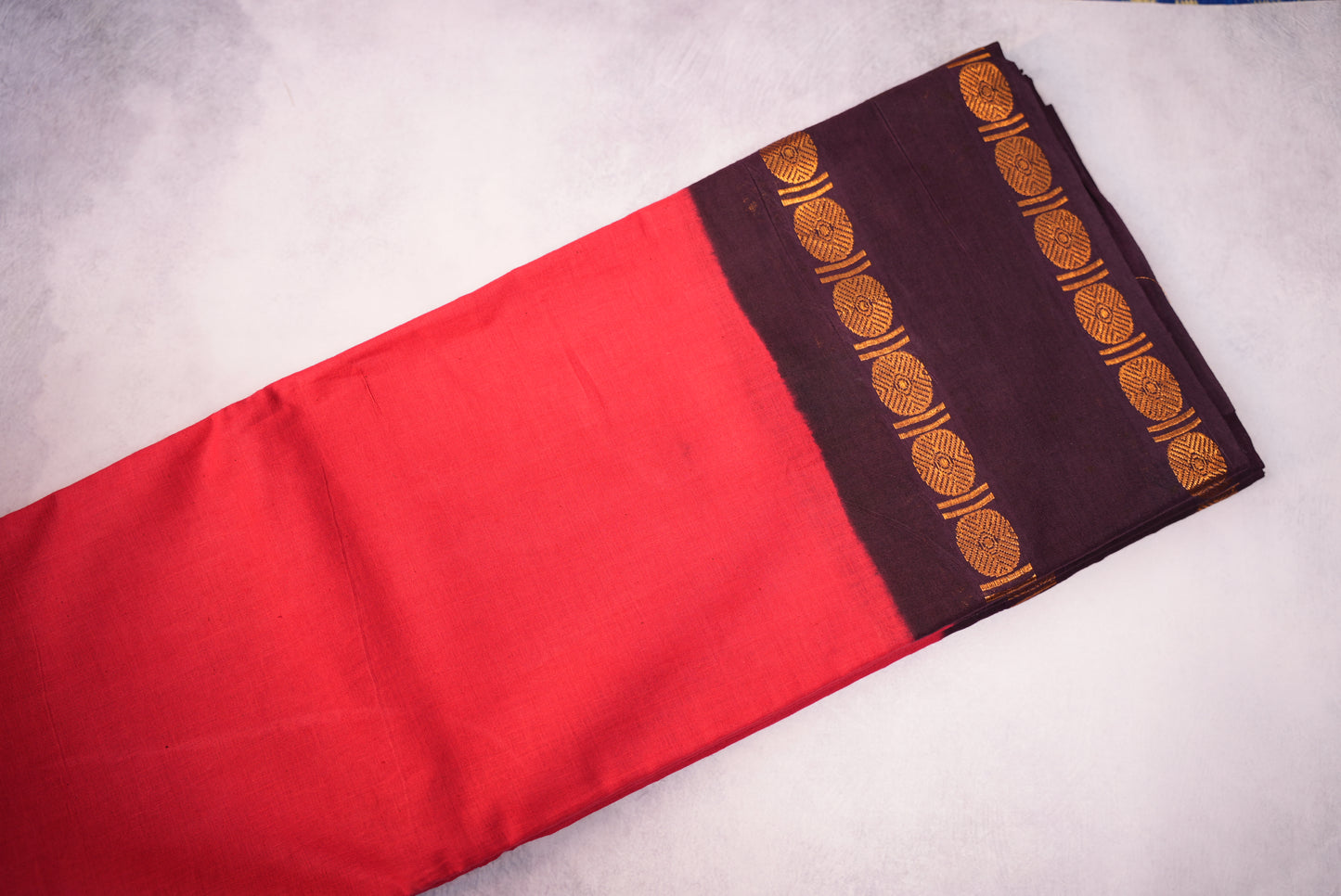 Red Sungudi Saree with Brown Border and Rudraksha Detailing