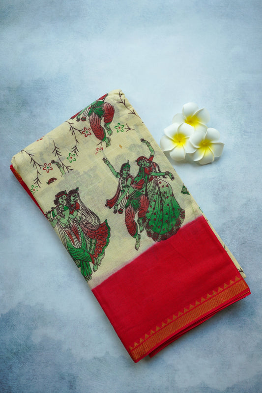 Radha-Krishna printed Red border with blouse Sungudi Saree