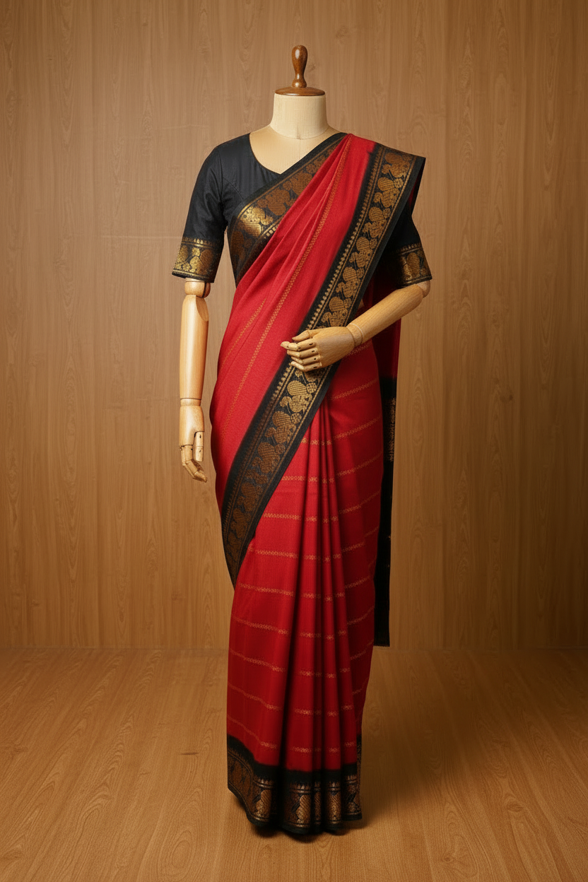 Red and black sungudi saree with gold border on a mannequin against a wooden background