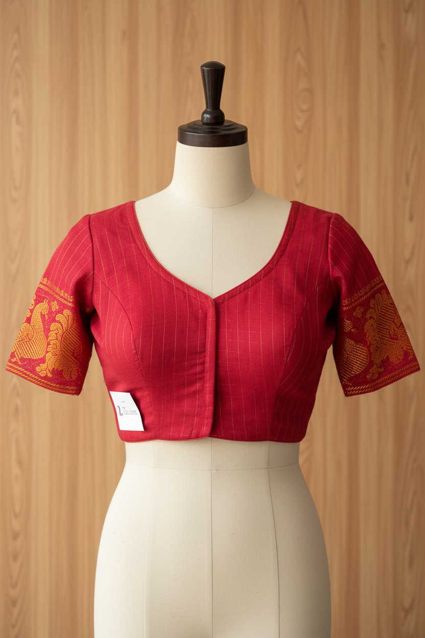 Red fabric with a textured pattern on a gray surface with white flowers.