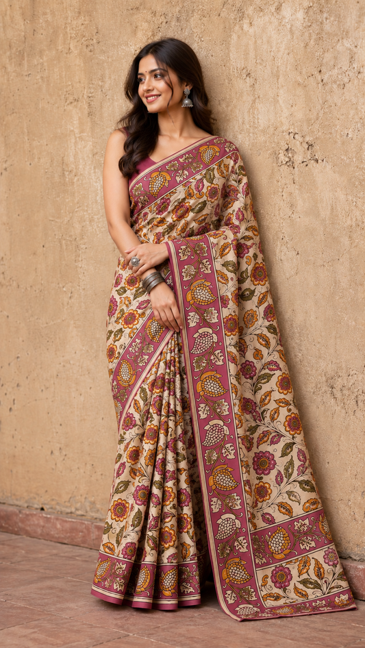 Kalamkari Printed Cotton Saree Cream Colour | TLL418