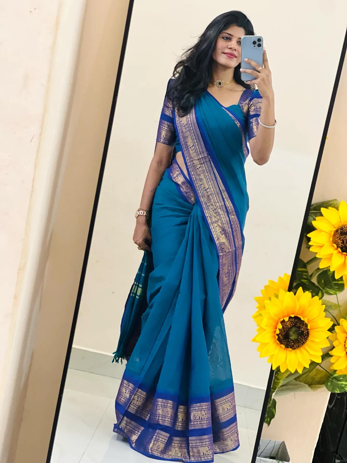 💙 Kanchi Cotton Peacock Blue Saree with Blue Border – Retta Pettu