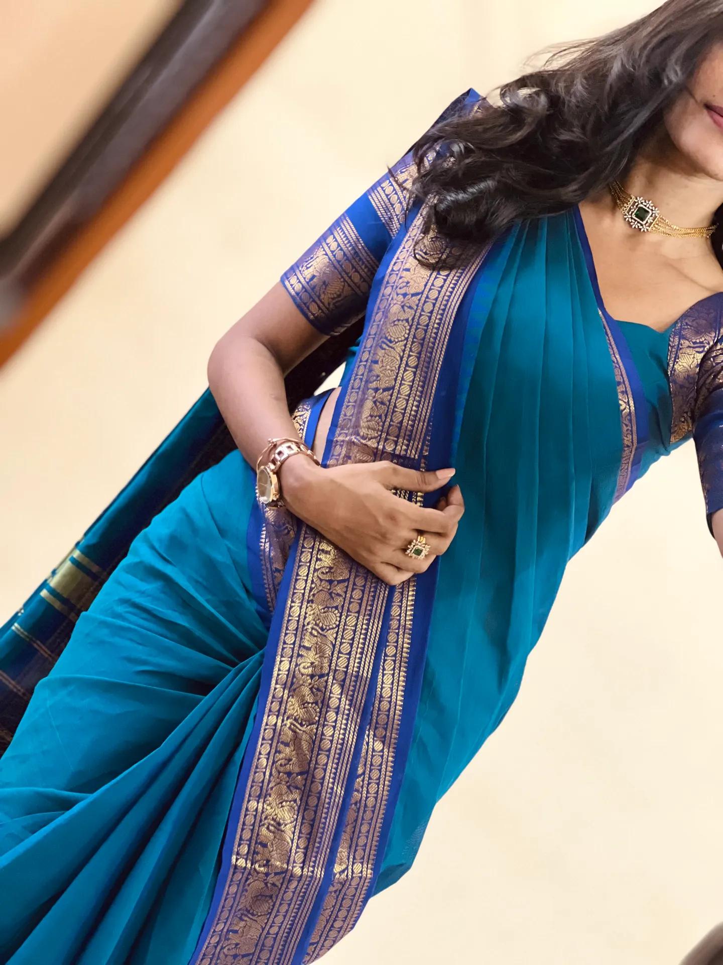 💙 Kanchi Cotton Peacock Blue Saree with Blue Border – Retta Pettu
