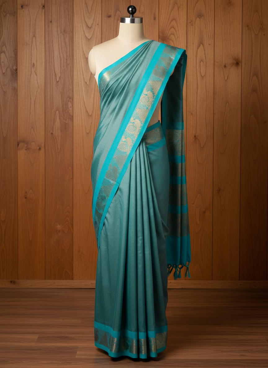 Teal saree with decorative border on a light pink background