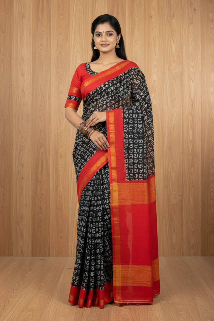 Tamil Printed Sungudi | Black and Red border | TLL144