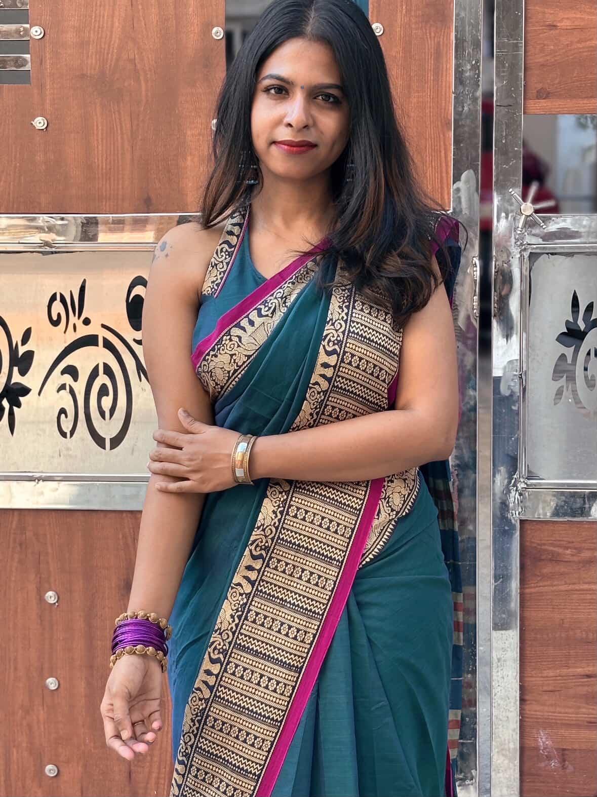 Narayanpet Cotton saree teal Green with pink border