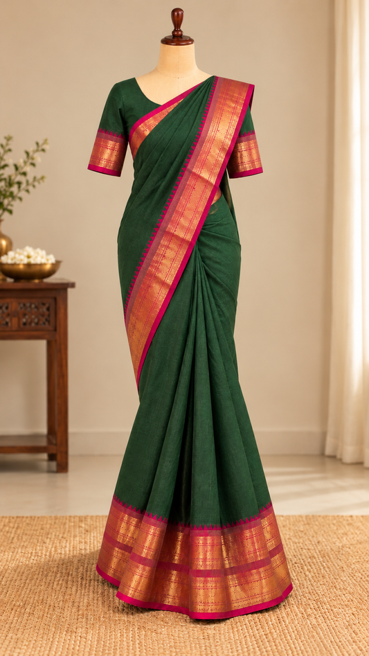 Kanchi Cotton Saree Forest Green | TLL267