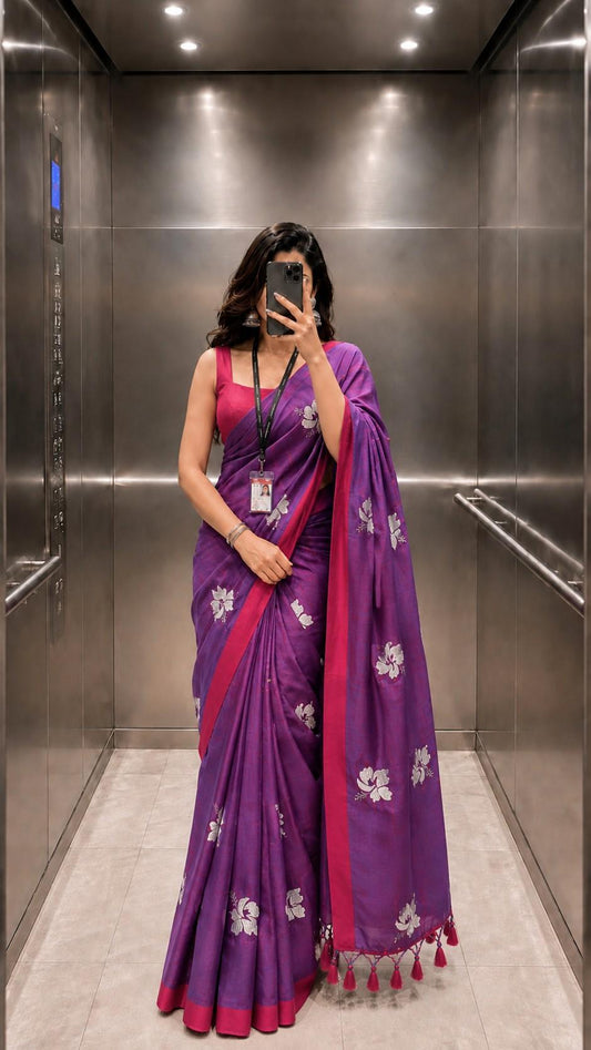 Kadhi Cotton Saree in Purple with White Embroidery Hibiscus & Pink Border | The Laya Looms | TLL076