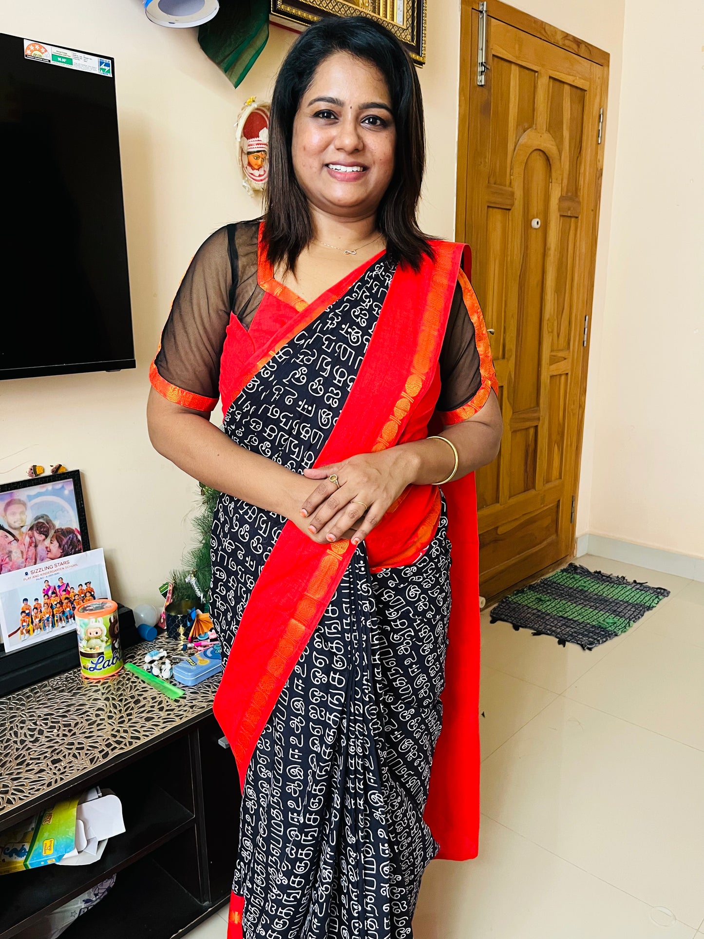 Tamil Printed Sungudi | Black and Red border