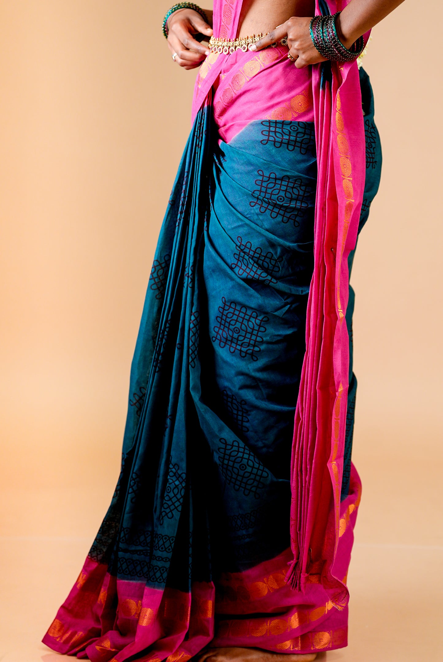 Kolam Printed Saree | Pink border