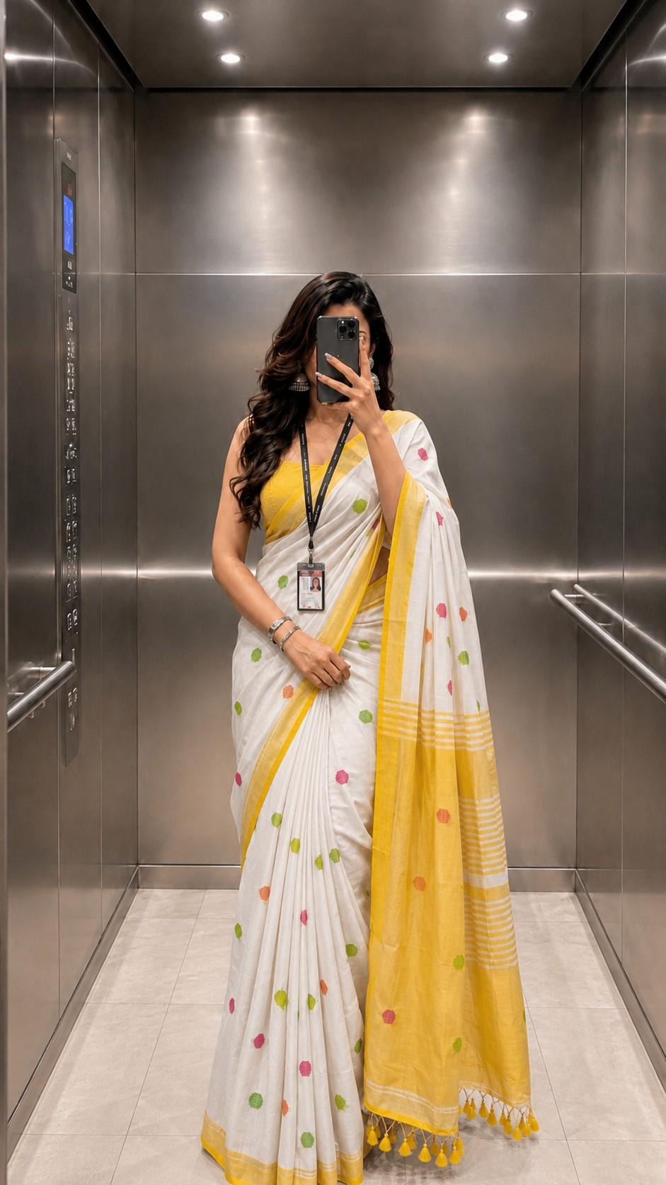 Yellow Ball Khadi Cotton Saree | TLL217