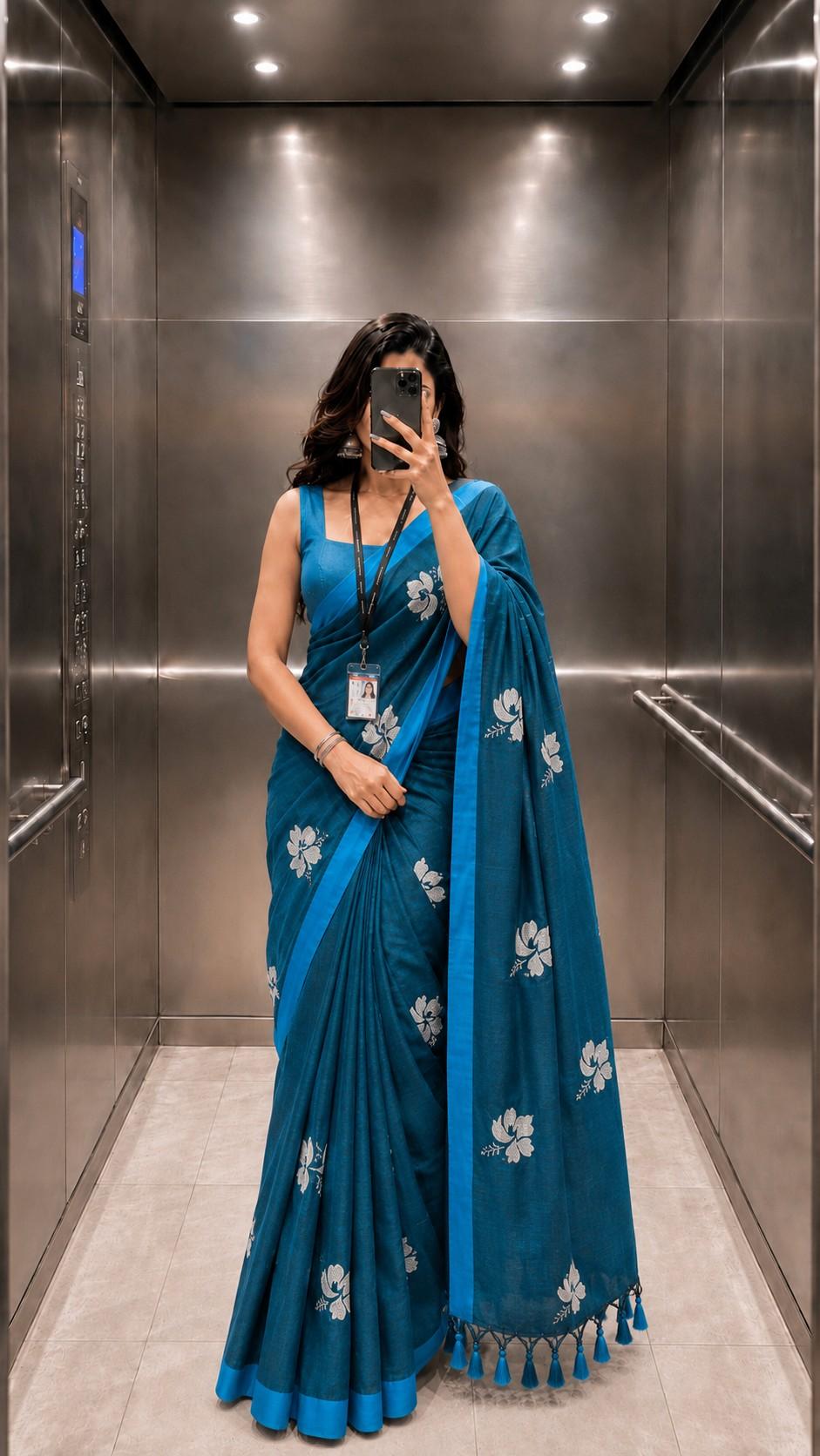 Teal Blue Kadhi Cotton Saree with White Embroidery & Blue Border | The Laya Looms |  TLL077