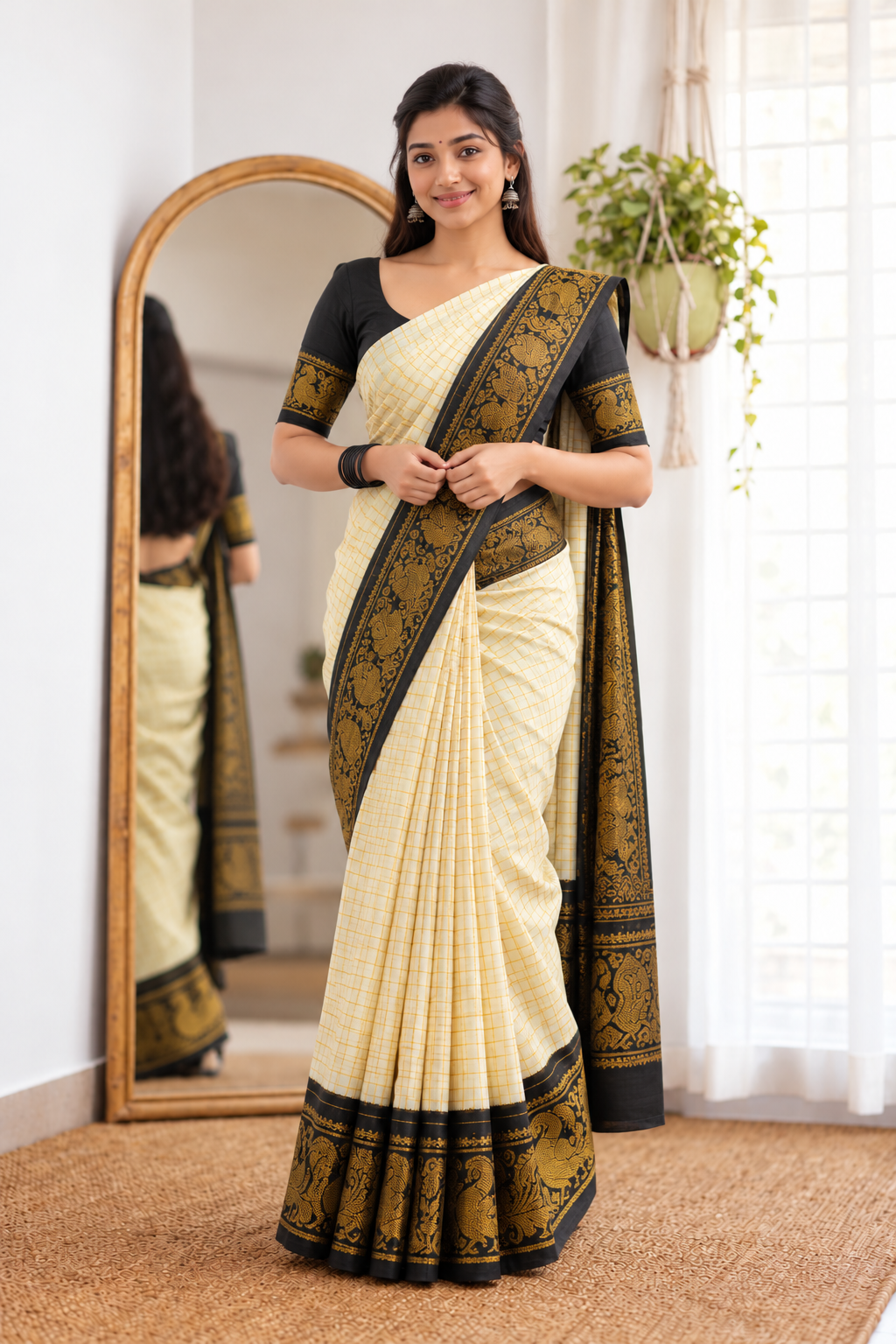 Golden zari checked White and Black Border sungudi saree | TLL001