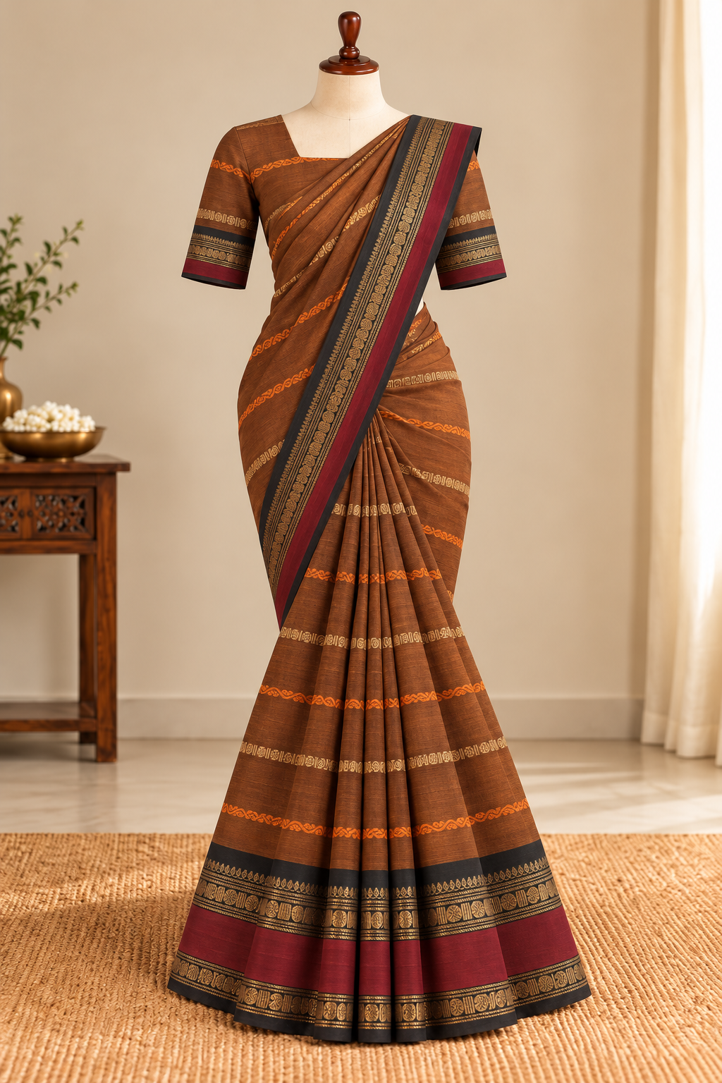 Kanchi Cotton Saree Velthari Brown | TLL696