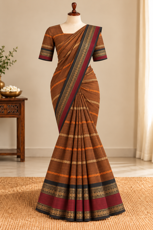 Kanchi Cotton Saree Velthari Brown | TLL696