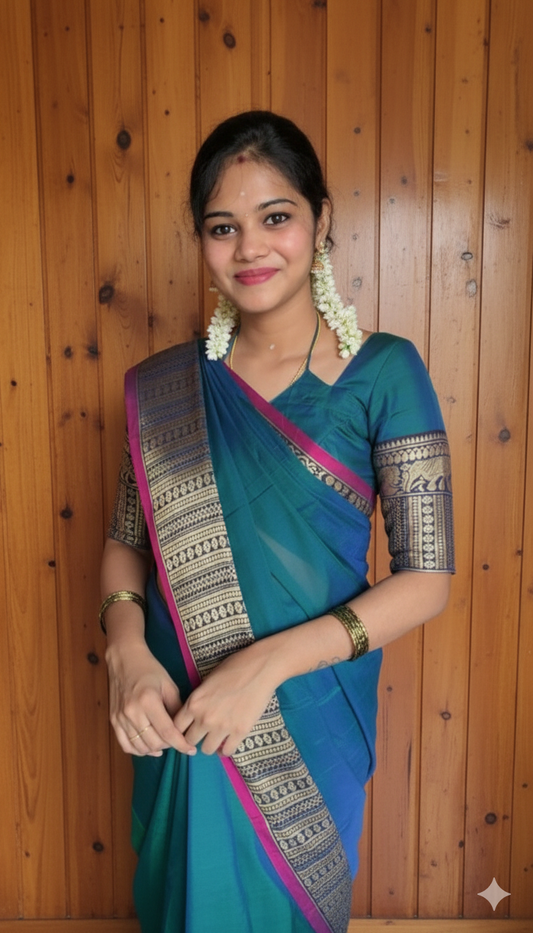 Narayanpet Cotton saree teal Green with pink border