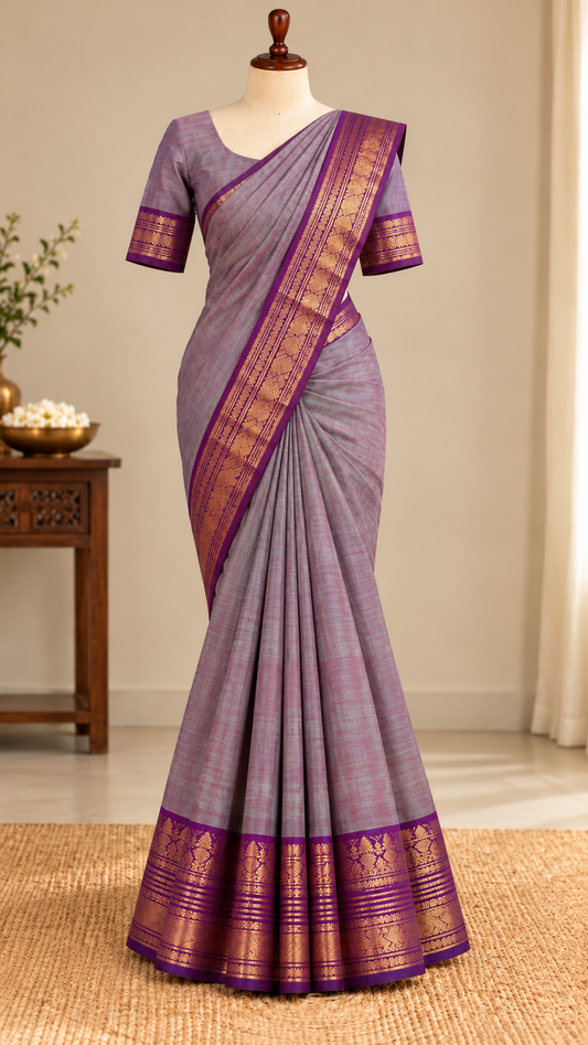 Kanchi Cotton Saree Greyish-Purple | TLL366