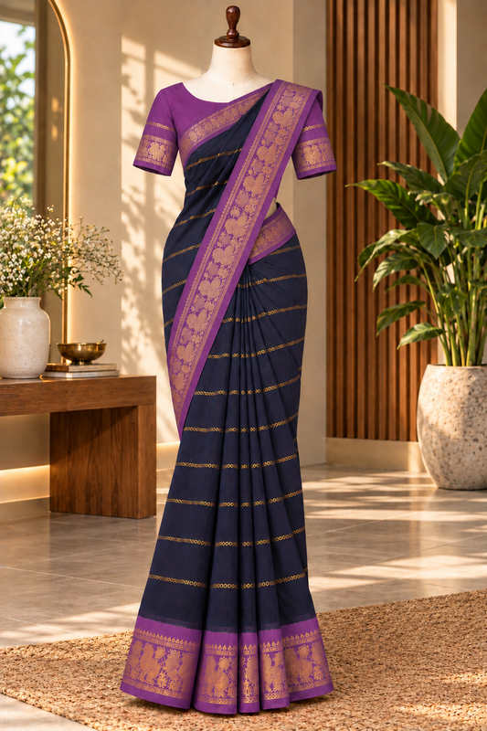 Velthari Sungudi Cotton Saree Navy Blue | TLL330