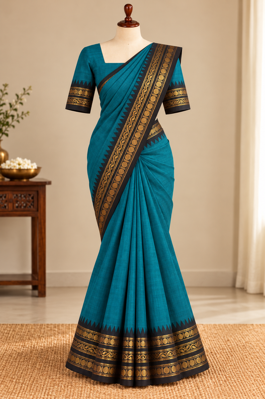 Kanchi Cotton Saree Teal Blue | TLL695