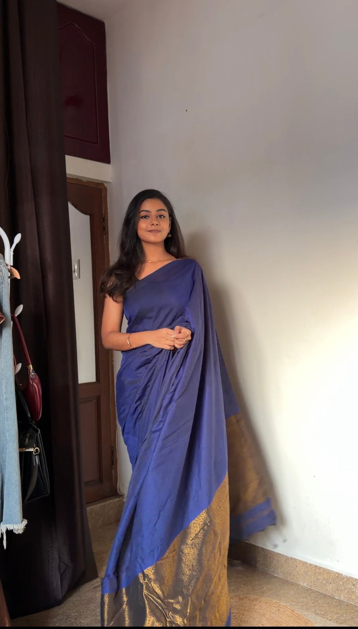 Premium Pure Mulmul Navy Blue Saree with Golden Zari | TLL165