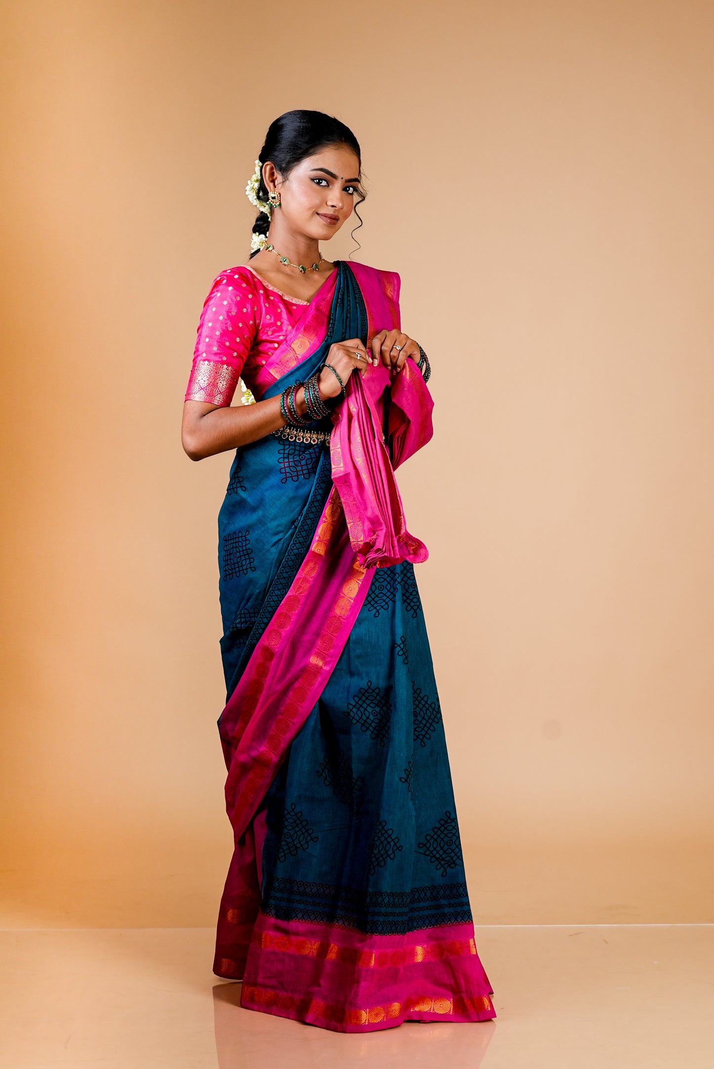 Kolam Printed Saree | Pink border