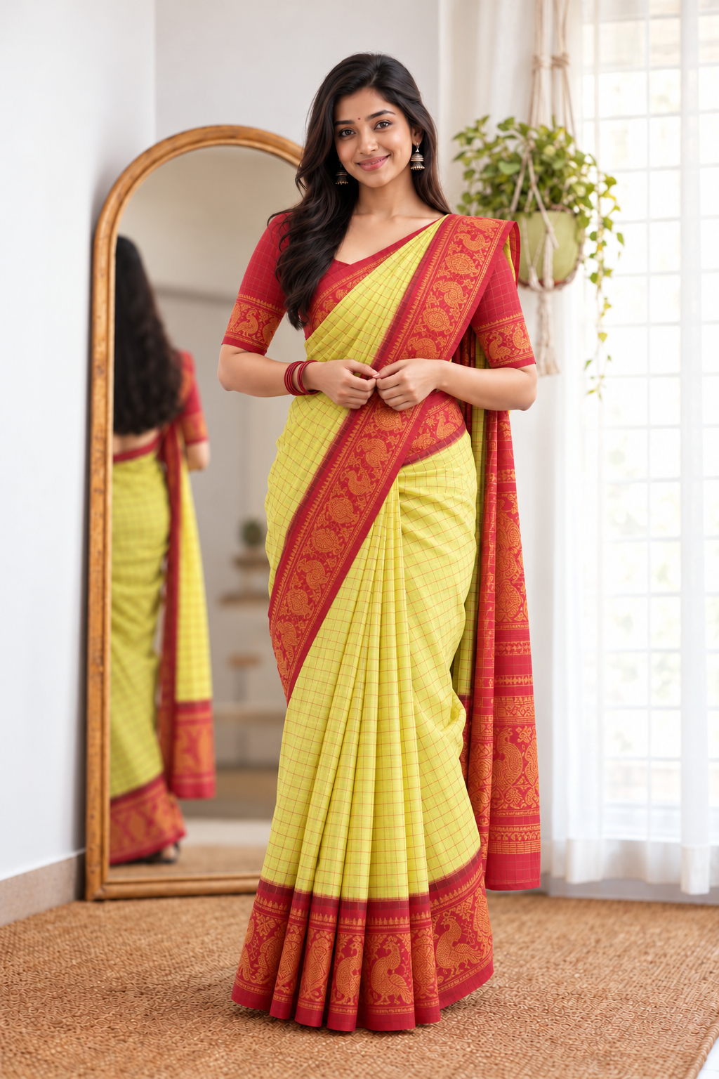 Madurai Sungudi Cotton Saree | Lemon Yellow with Red Border | Running Blouse | TLL168