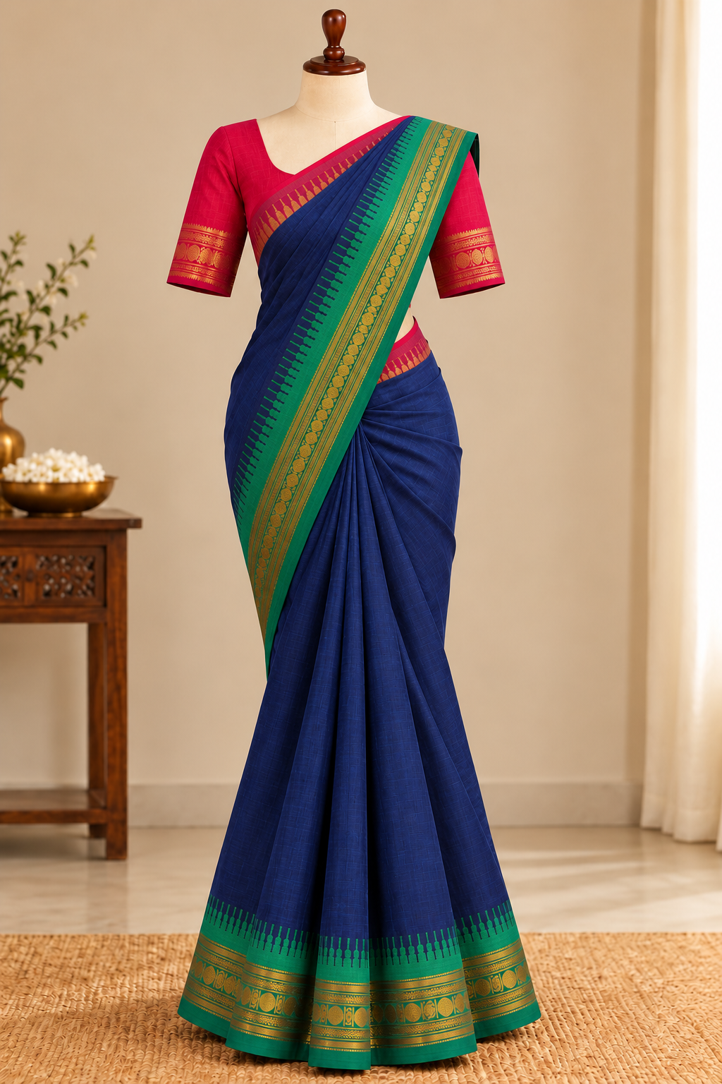 Kanchi Cotton Saree Navy Blue Ganga-Jamuna Border | TLL370
