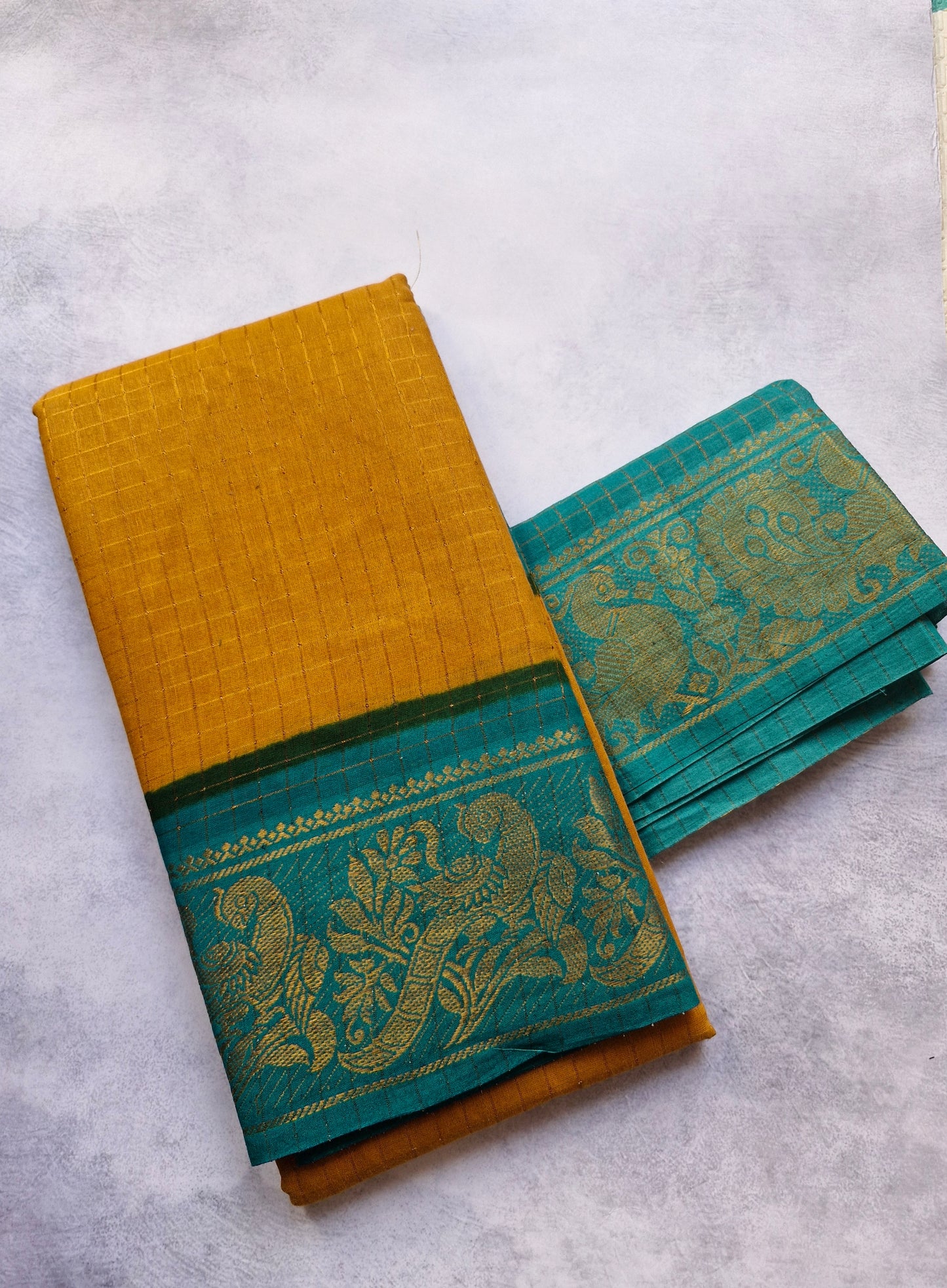 Golden zari checked  Teal Blouse border, and Light Brown sungudi saree