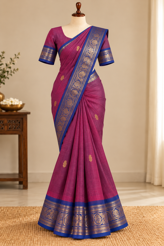 Bridal Collection Kanchi Cotton Saree Magenta with Royal Blue Border | TLL640