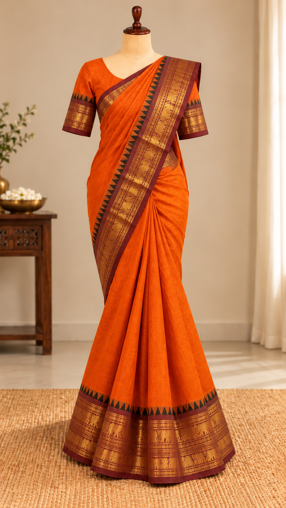 Kanchi Cotton Saree Orange colour with Brown Border| TLL189