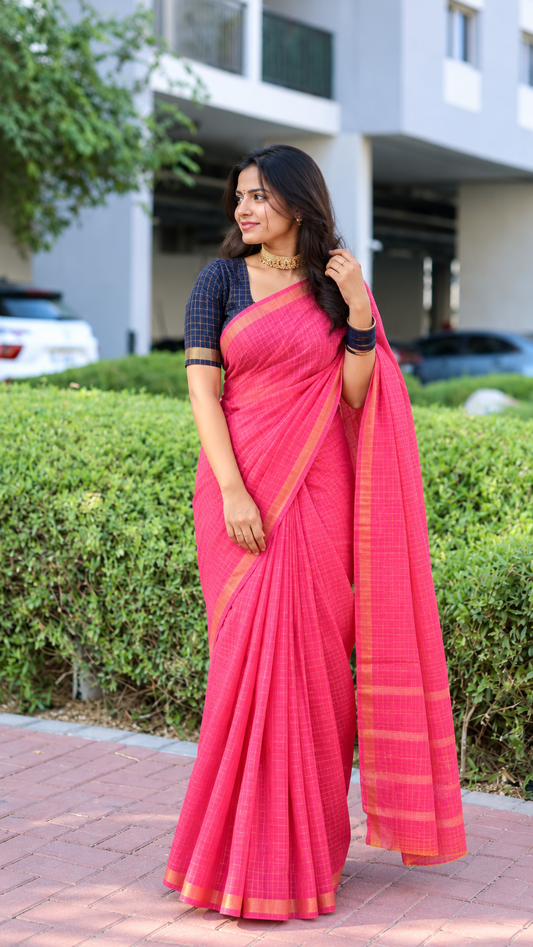 Golden Checked Pink Sungudi Saree Simple Border| TLL685