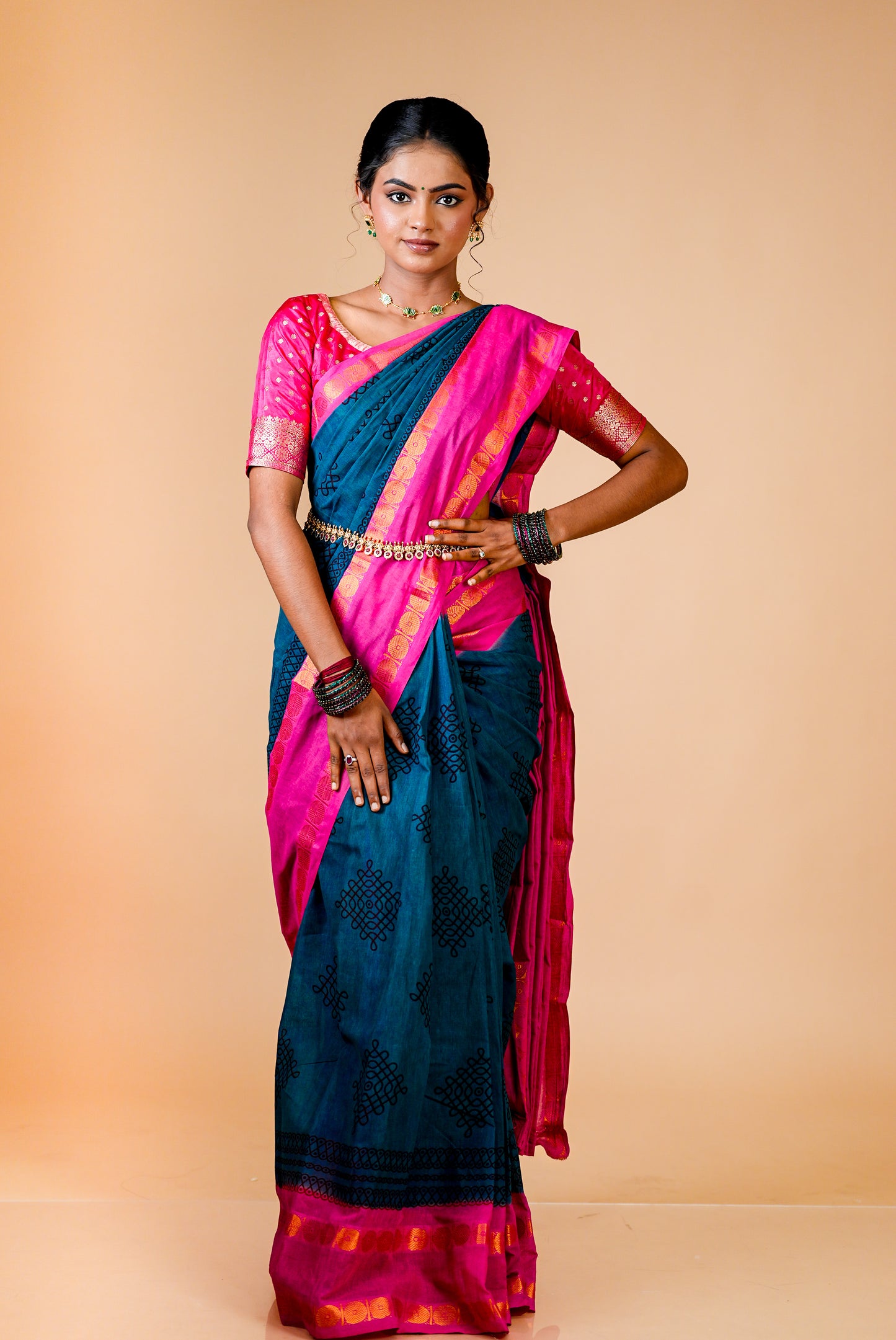 Kolam Printed Saree | Pink border