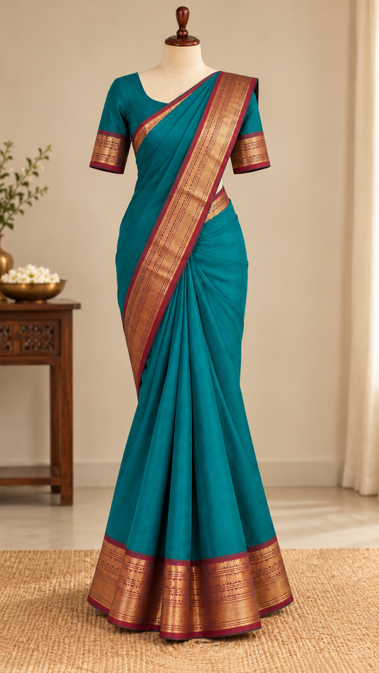 Kanchi Cotton Saree Teal Green | TLL365