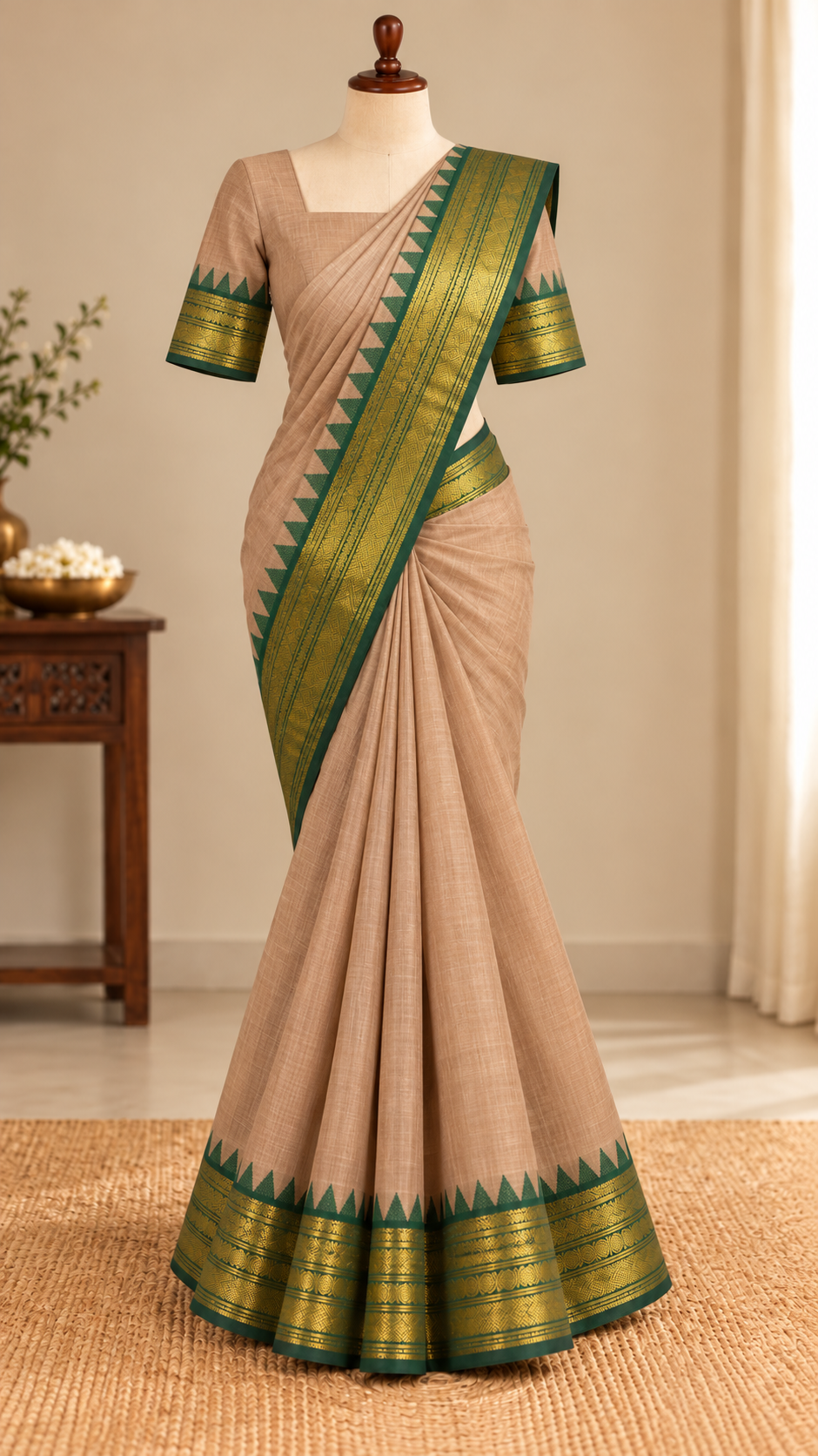Kanchi Cotton Saree Peach with Green Border | TLL665