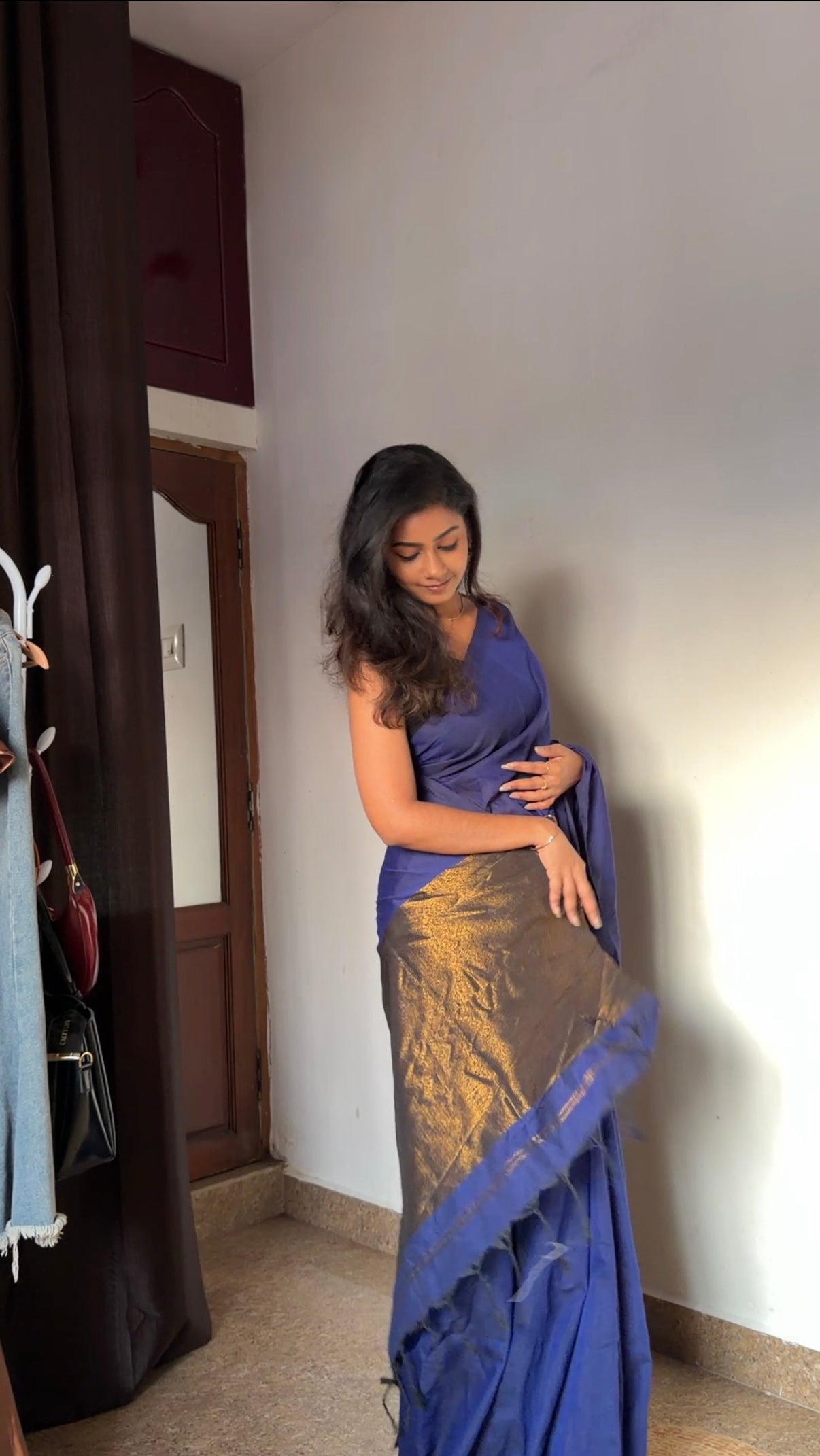 Premium Pure Mulmul Navy Blue Saree with Golden Zari | TLL165