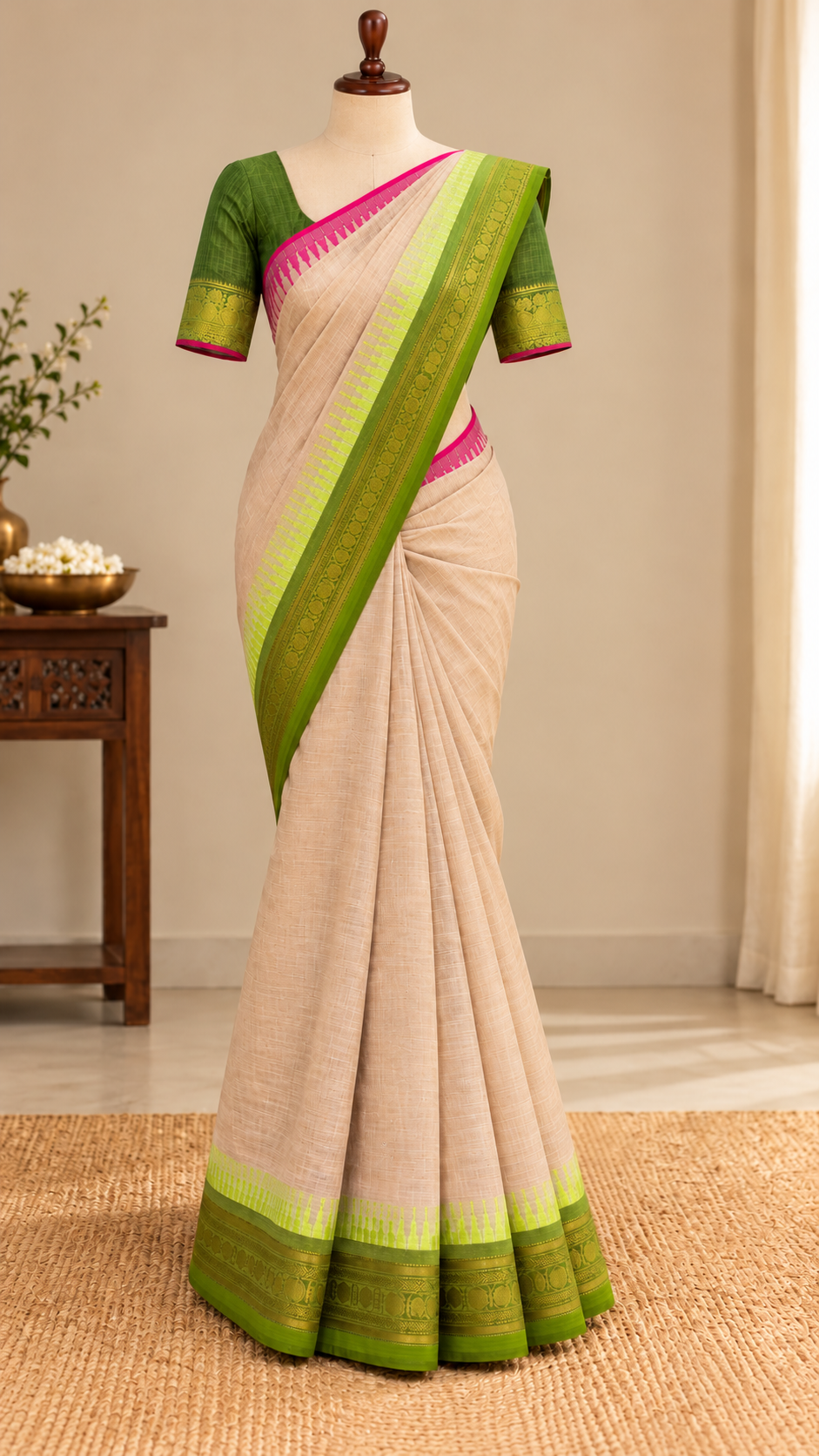 Kanchi Cotton Saree Light Cream Ganga-Jamuna Border | TLL371