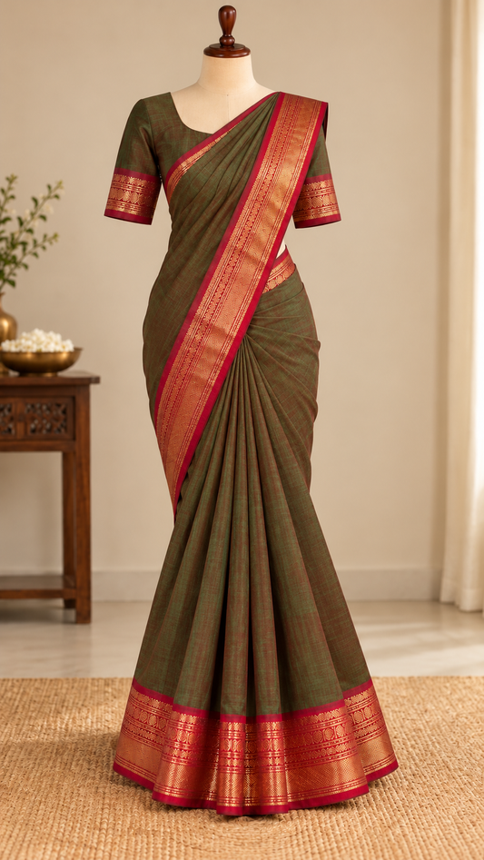 Kanchi Cotton Saree Greenish-Maroon | TLL368