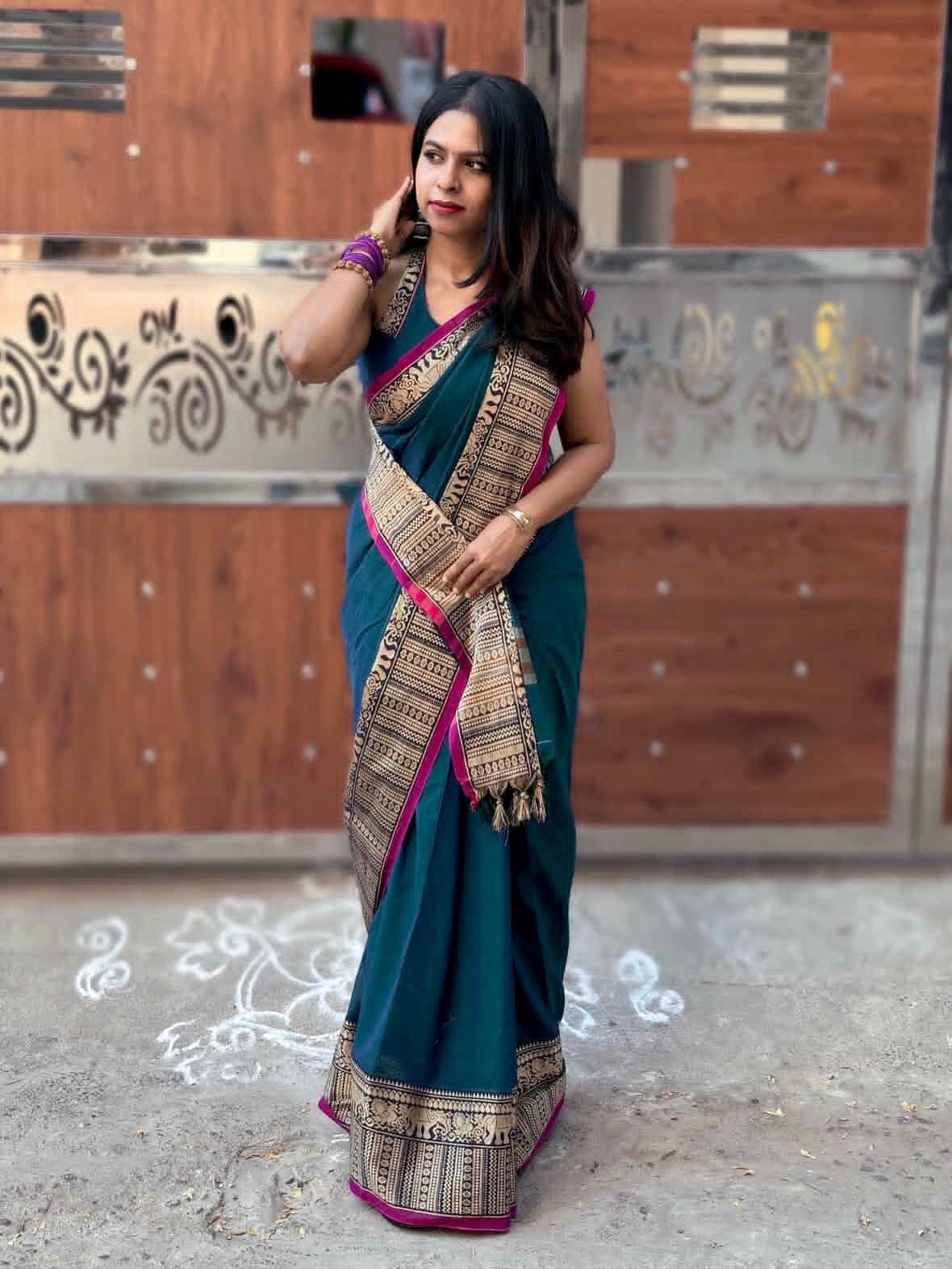 Narayanpet Cotton saree teal Green with pink border