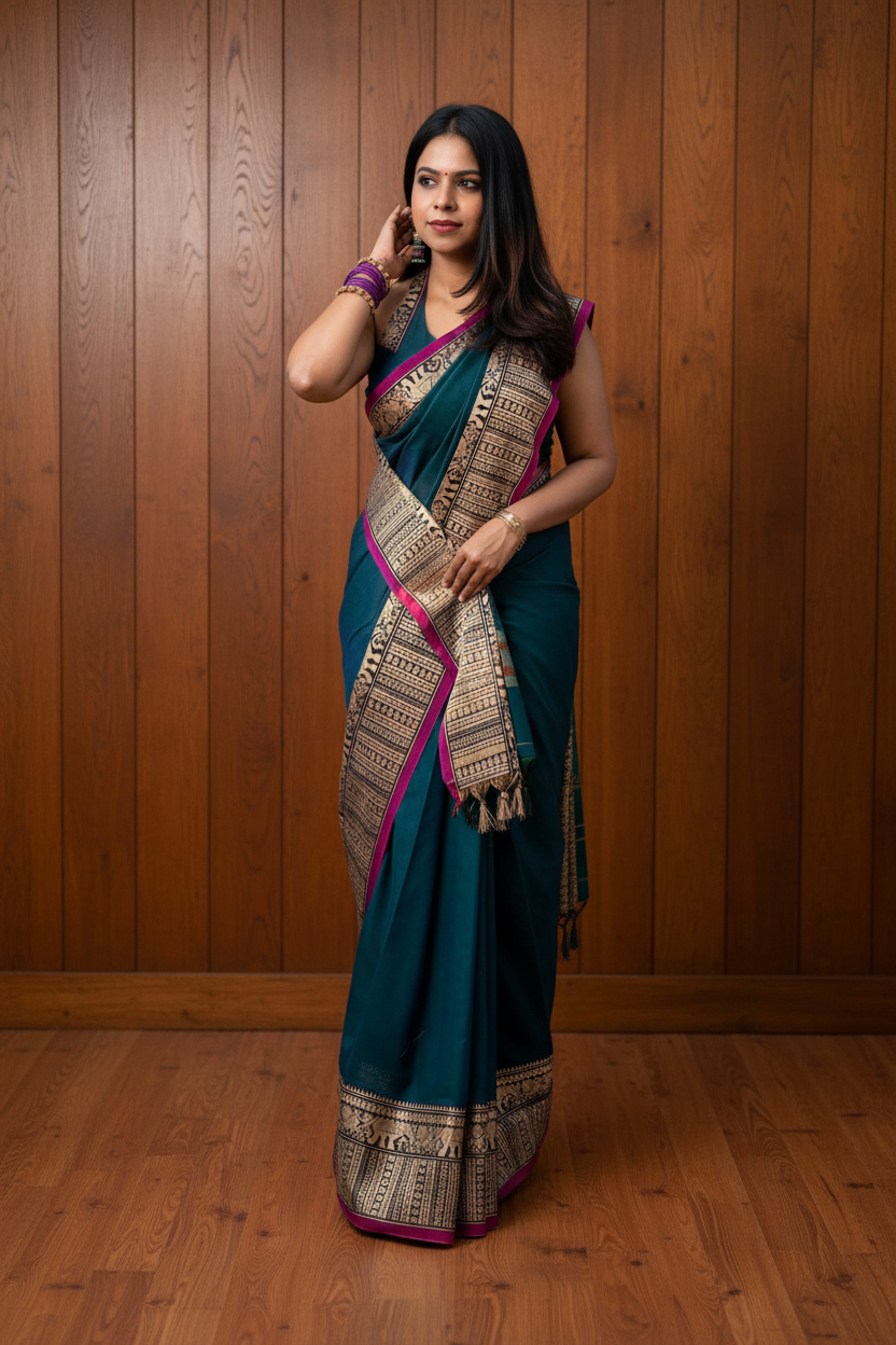 Narayanpet Cotton saree teal Green with pink border |  TLL143