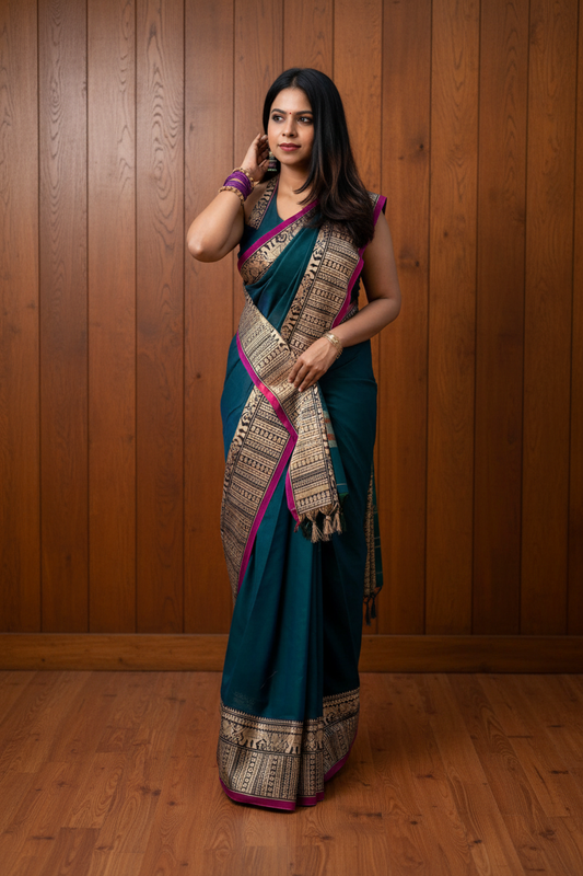 Narayanpet Cotton saree teal Green with pink border |  TLL143