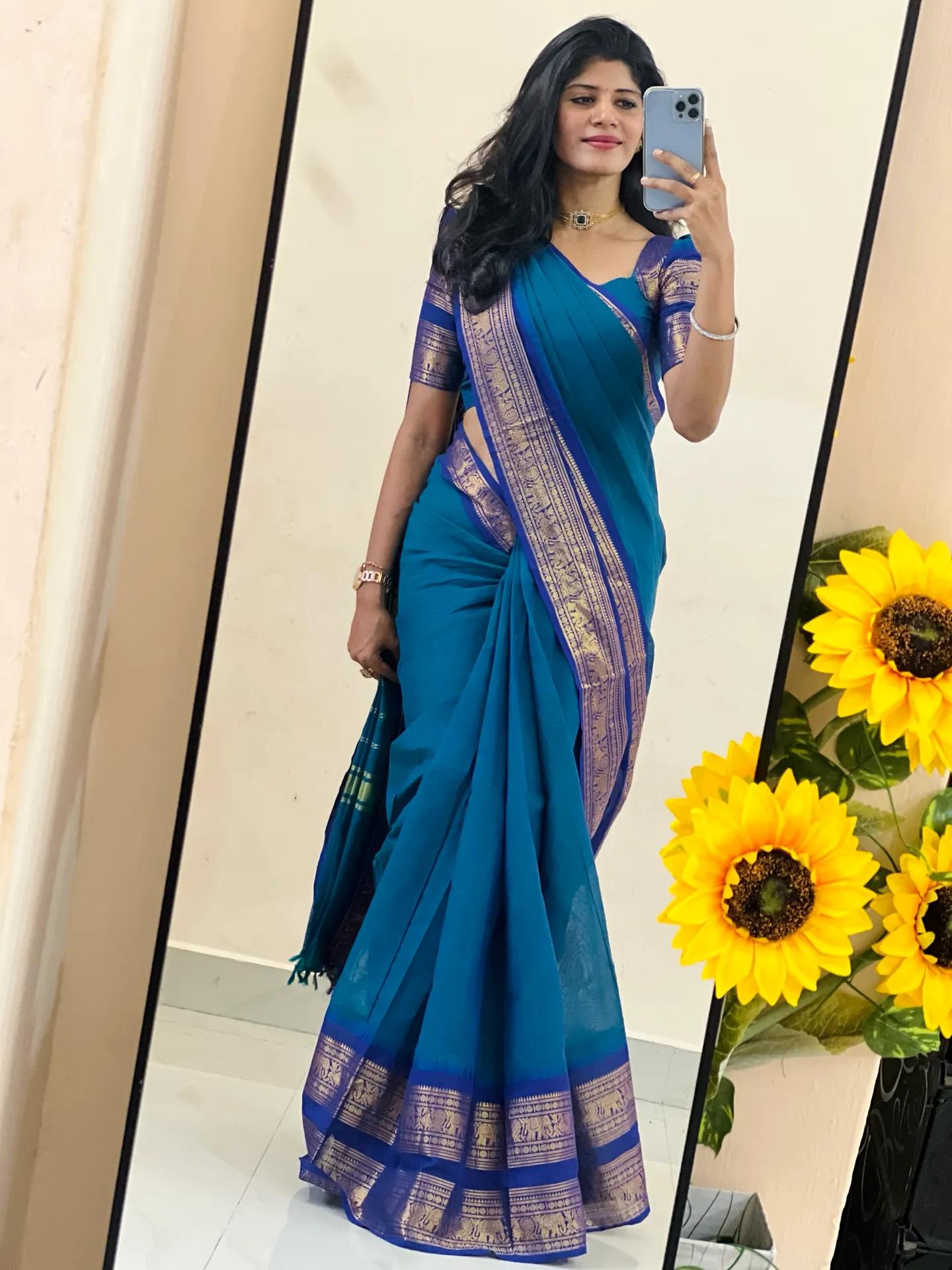 💙 Kanchi Cotton Peacock Blue Saree with Blue Border – Retta Pettu